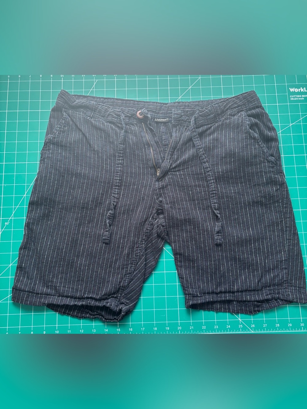 Dark Blue Pinstriped Mid-Length Shorts